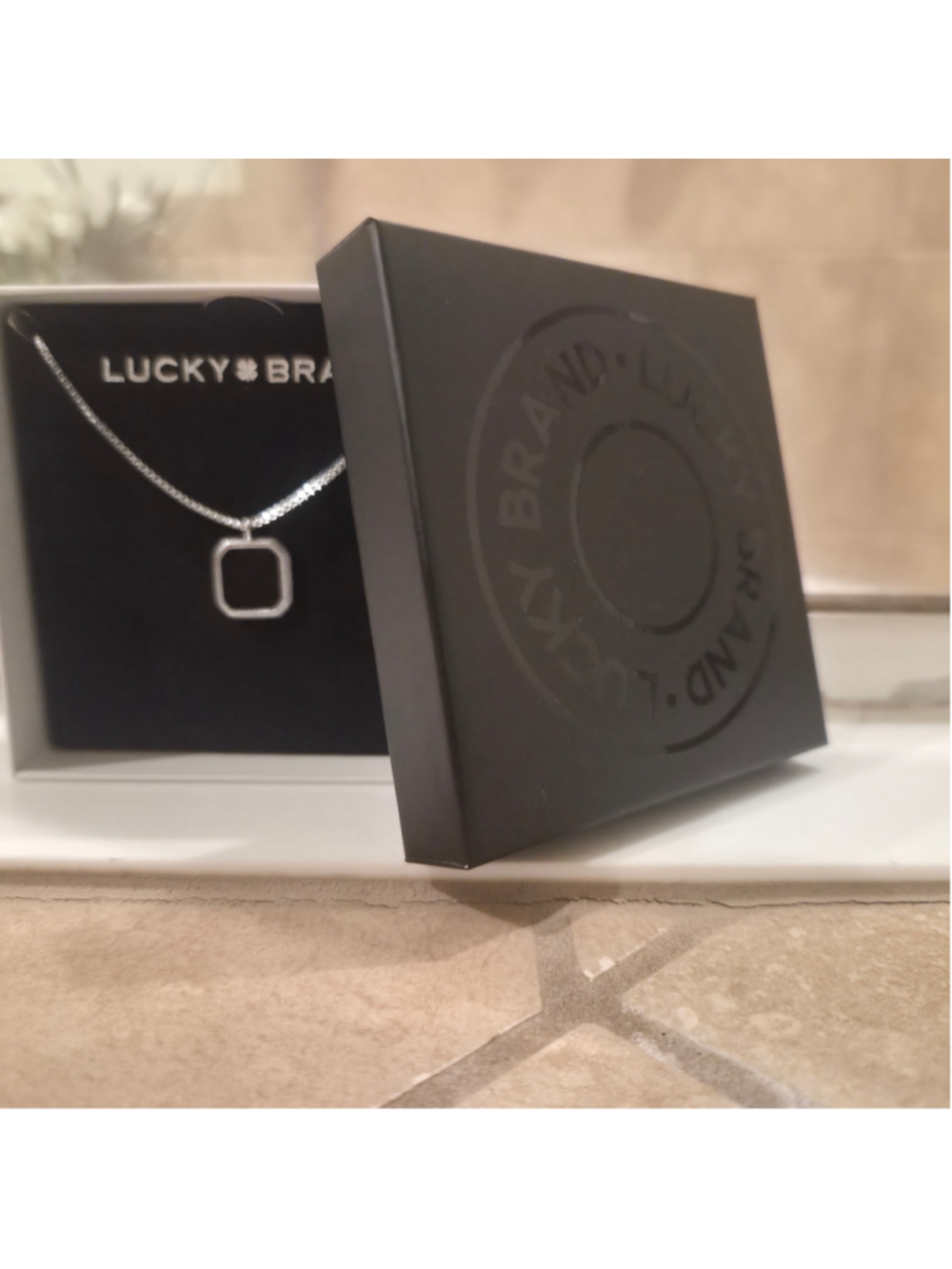 Lucky Brand Square Pendant Necklace Silver Tone Geometric Minimalist Box Chain